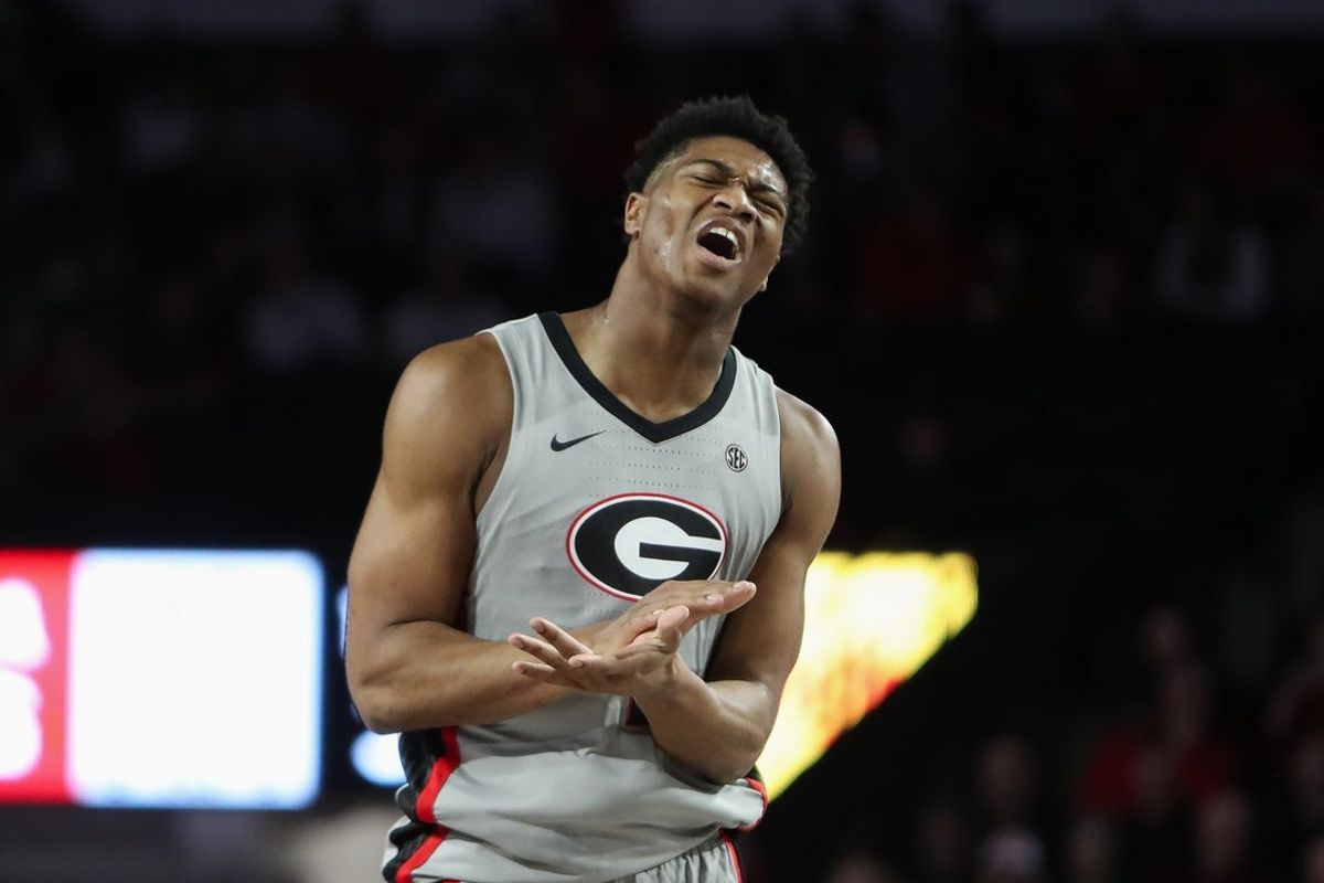 Dec 22, 2025; Athens, Georgia, USA; Georgia Bulldogs forward Kareem Stagg (1) reacts against the West Georgia Wolves in the first half at Stegeman Coliseum. Mandatory Credit: Mady Mertens-Imagn Images