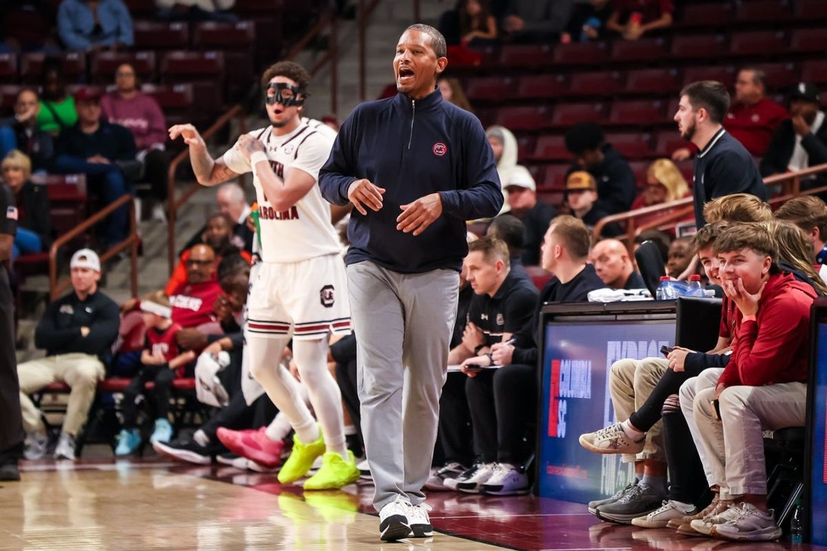 Dec 22, 2025; Columbia, South Carolina, USA; South Carolina Gamecocks head coach Lamont Paris directs his team against the South Carolina State Bulldogs in the first half at Colonial Life Arena. Mandatory Credit: Jeff Blake-Imagn Images