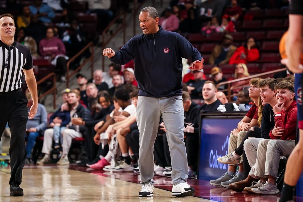 Dec 22, 2025; Columbia, South Carolina, USA; South Carolina Gamecocks head coach Lamont Paris directs his team against the South Carolina State Bulldogs in the second half at Colonial Life Arena. Mandatory Credit: Jeff Blake-Imagn Images