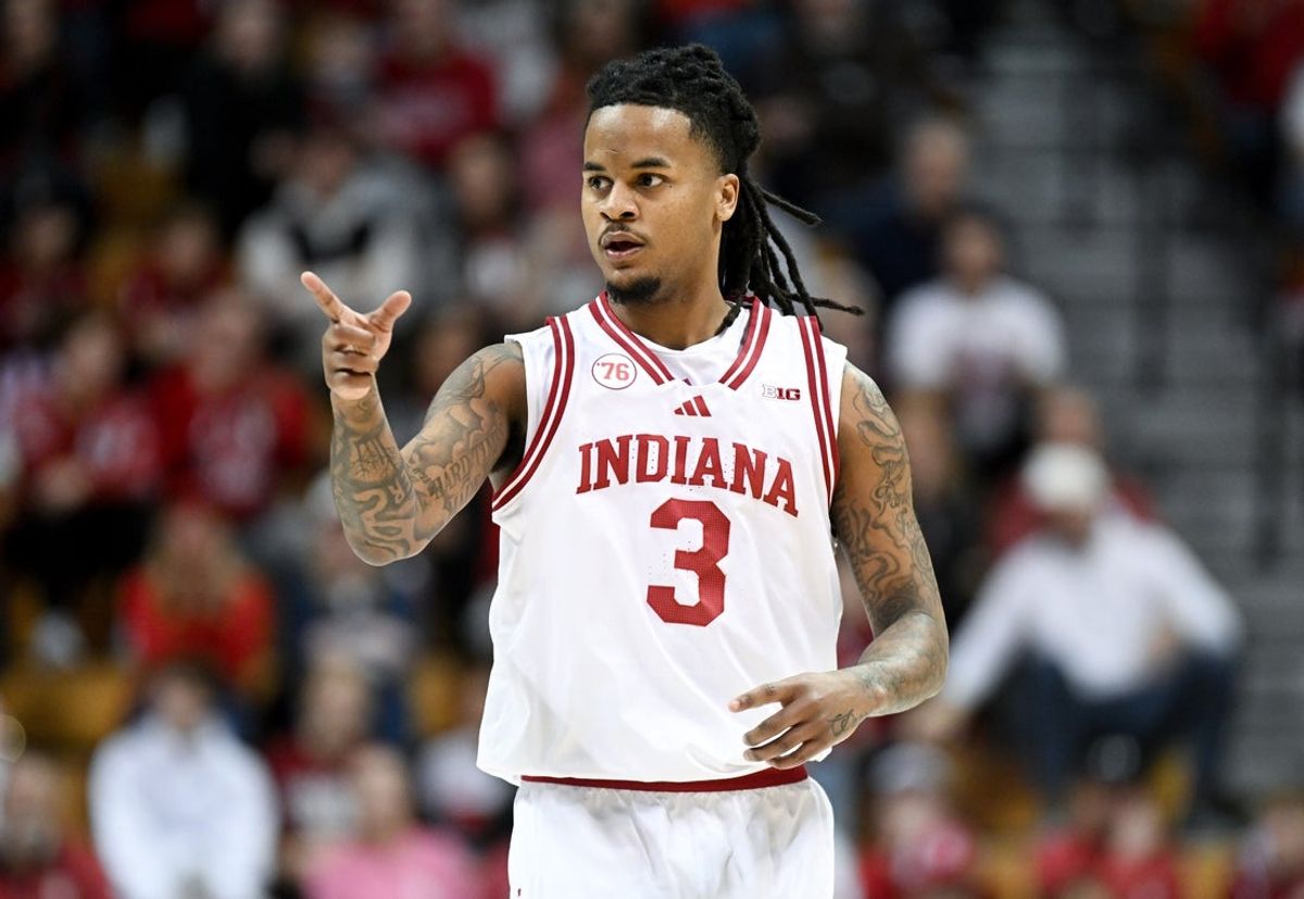 Dec 22, 2025; Bloomington, Indiana, USA; Indiana Hoosiers guard Lamar Wilkerson (3) reacts after making a shot during the first half against the Siena Saints at Simon Skjodt Assembly Hall. Mandatory Credit: Robert Goddin-Imagn Images