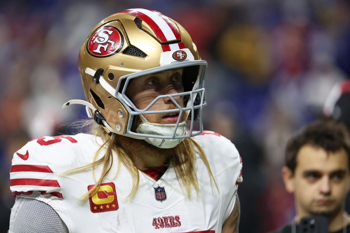 Dec 22, 2025; Indianapolis, Indiana, USA; San Francisco 49ers tight end George Kittle (85) looks on during warmups before the game against the Indianapolis Colts at Lucas Oil Stadium. Mandatory Credit: Trevor Ruszkowski-Imagn Images