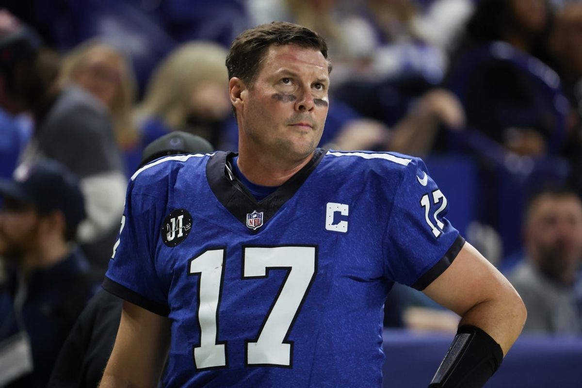 Dec 22, 2025; Indianapolis, Indiana, USA; Indianapolis Colts quarterback Philip Rivers (17) looks on in the second quarter of the game against the San Francisco 49ers at Lucas Oil Stadium. Mandatory Credit: Trevor Ruszkowski-Imagn Images