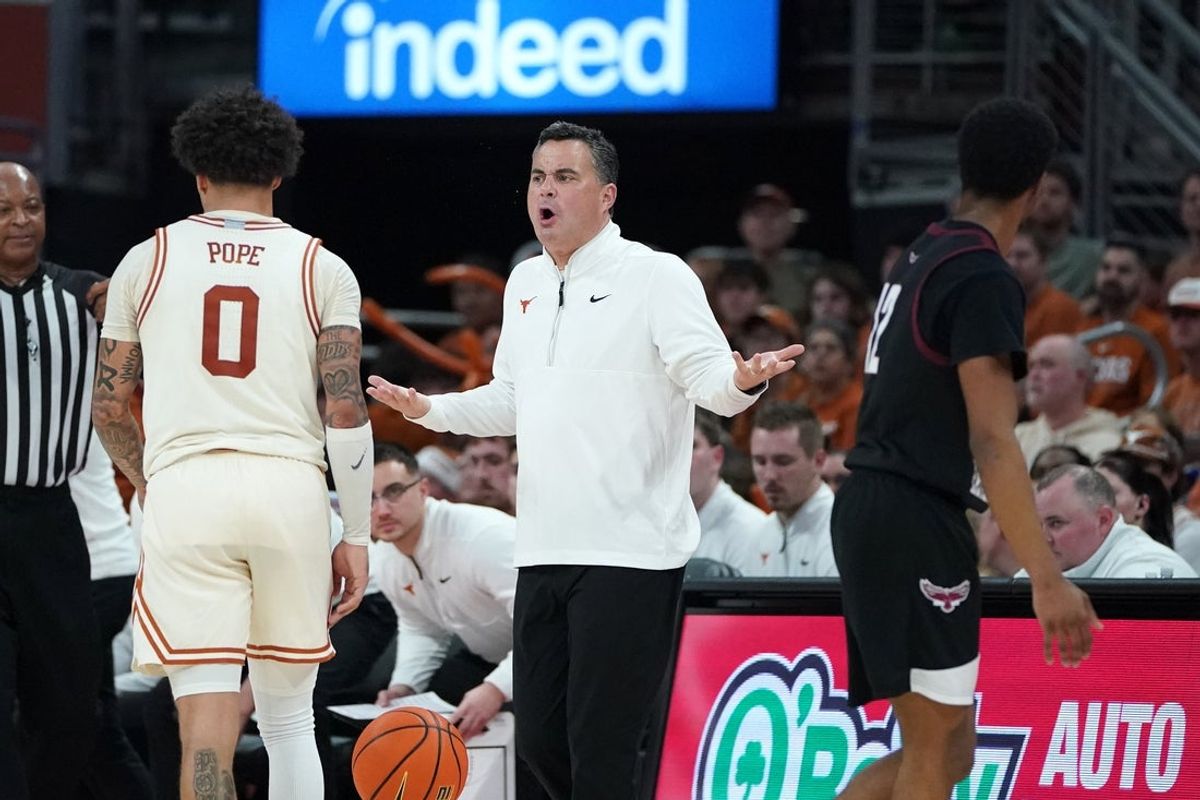 Dec 22, 2025; Austin, Texas, USA;Texas Longhorns head coach Sean Miller reacts  during the first half against the Maryland Eastern Shore Hawks at Moody Center. Mandatory Credit: Dustin Safranek-Imagn Images