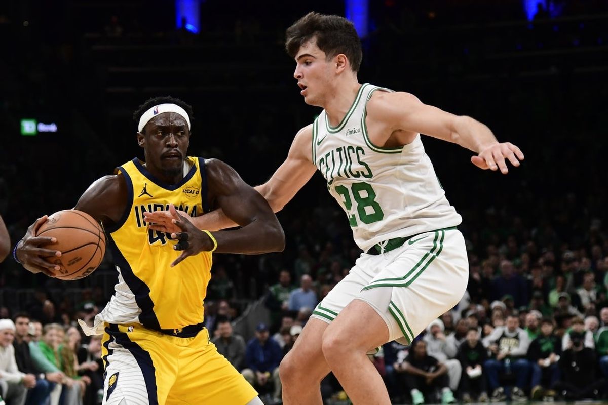 Dec 22, 2025; Boston, Massachusetts, USA; Boston Celtics guard Hugo Gonzalez (28) defends Indiana Pacers forward Pascal Siakam (43) during the second half at TD Garden. Mandatory Credit: Bob DeChiara-Imagn Images