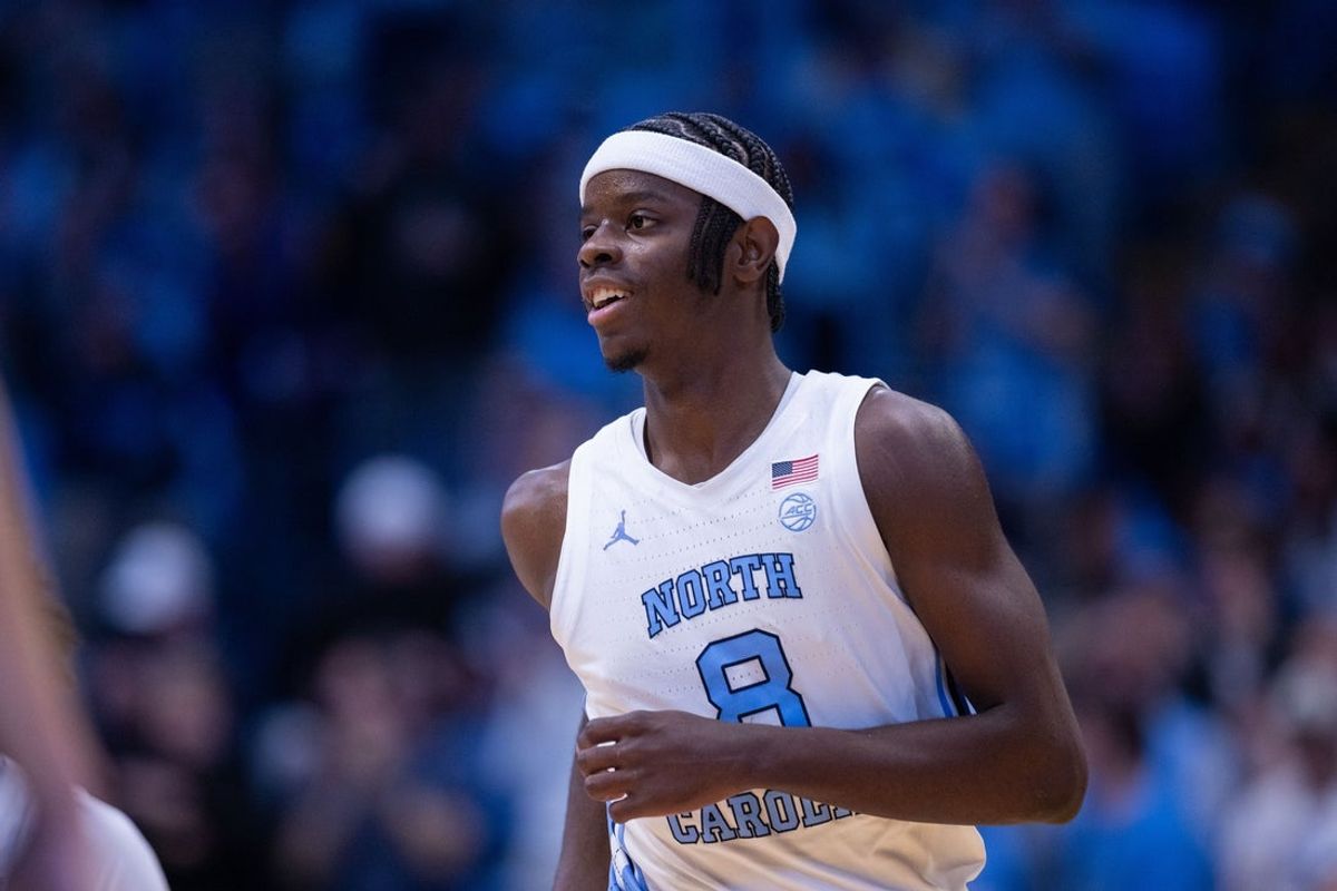 Dec 22, 2025; Chapel Hill, North Carolina, USA; North Carolina Tar Heels forward Caleb Wilson (8) runs back against the East Carolina Pirates during the first half at Dean E. Smith Center. Mandatory Credit: Scott Kinser-Imagn Images