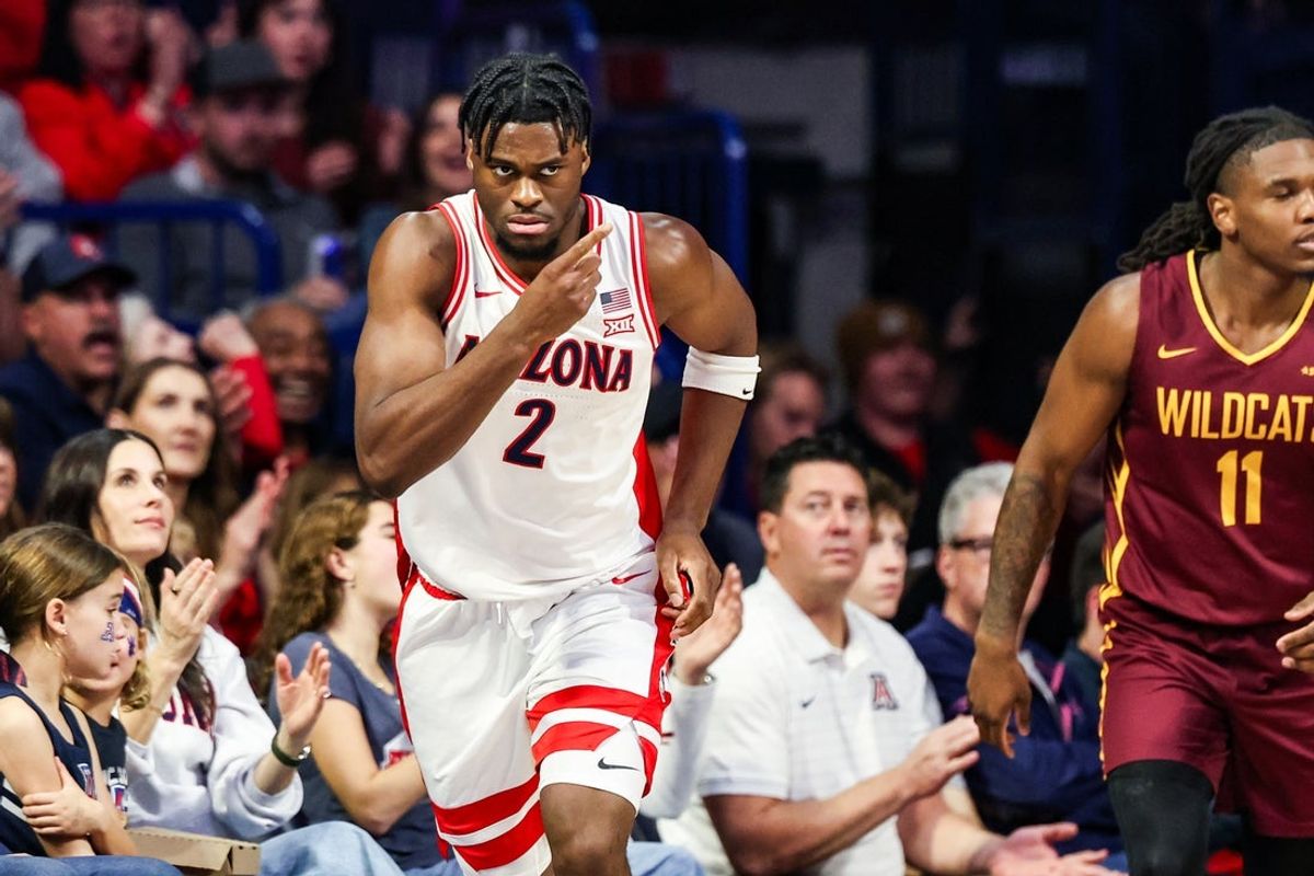 Dec 22, 2025; Tucson, Arizona, USA; Arizona Wildcats guard Dwayne Aristode (2) points after he makes a three pointer during the first half of the game against the Bethune-Cookman Wildcats at McKale Memorial Center. Mandatory Credit: Aryanna Frank-Imagn Images