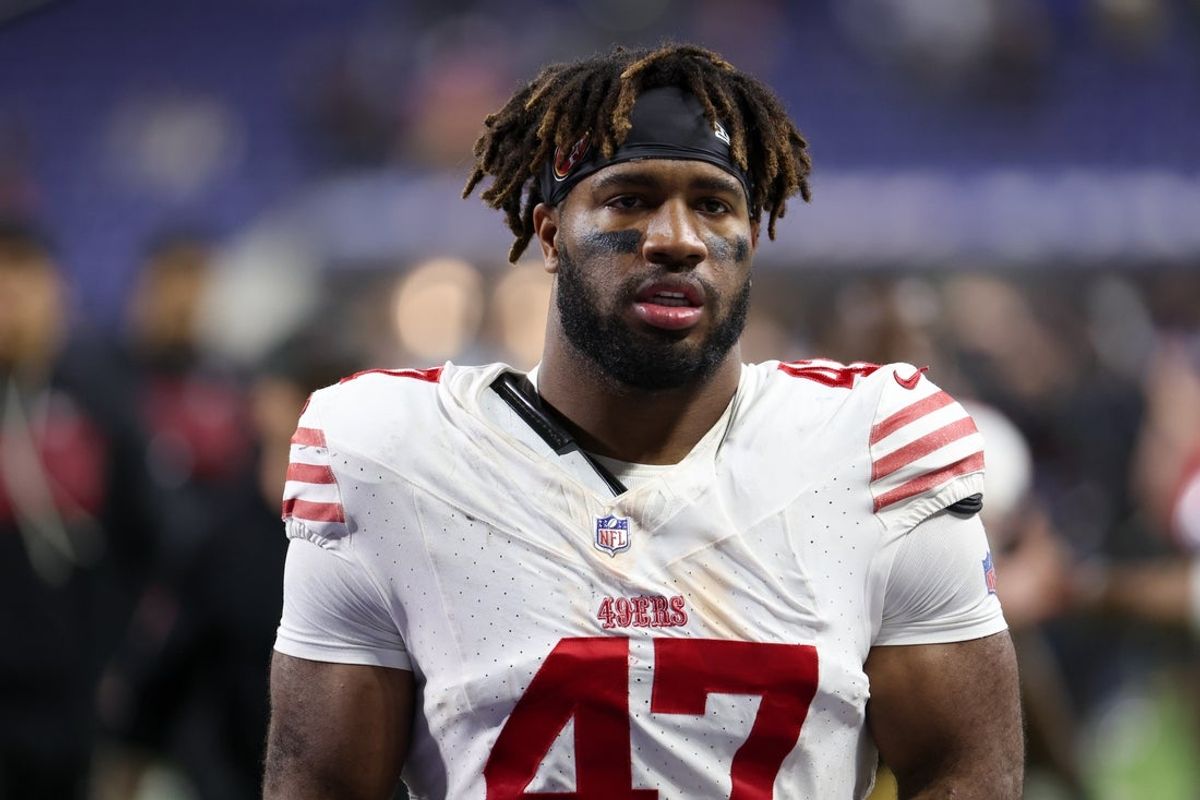 Dec 22, 2025; Indianapolis, Indiana, USA; San Francisco 49ers defensive end Bryce Huff (47) leaves the field after the game against the Indianapolis Colts at Lucas Oil Stadium. Mandatory Credit: Trevor Ruszkowski-Imagn Images