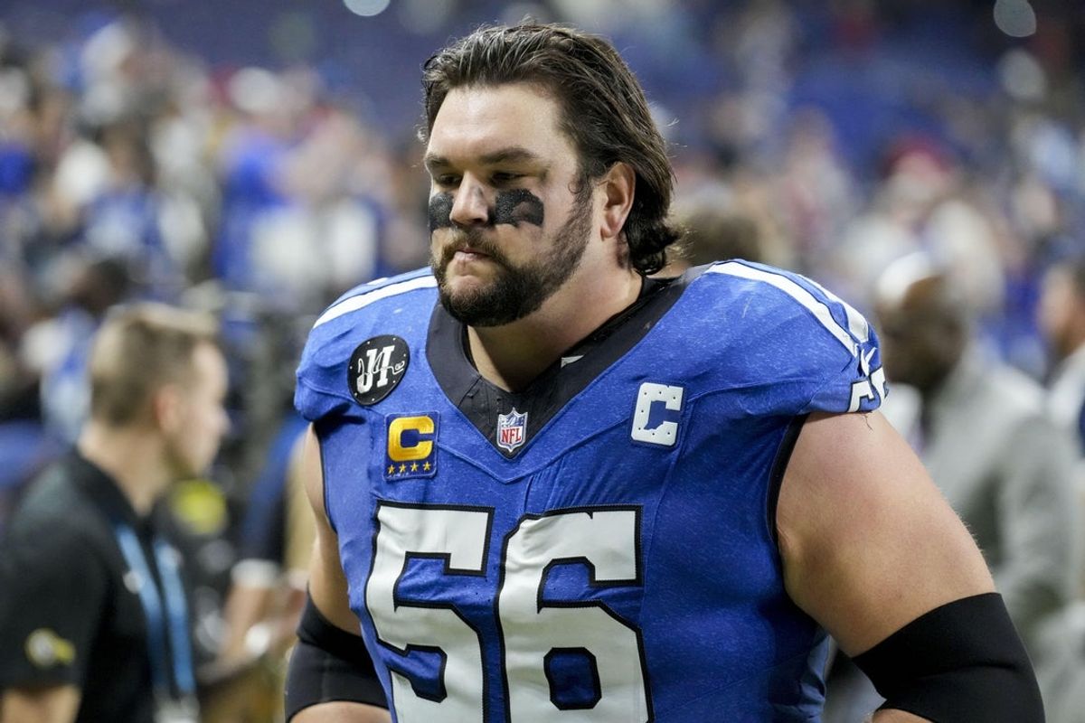 Dec 22, 2025; Indianapolis, Indiana, USA; Indianapolis Colts guard Quenton Nelson (56) leaves the field after losing a game against the San Francisco 49ers  at Lucas Oil Stadium. Mandatory Credit: Christine Tannous-USA TODAY Network via Imagn Images