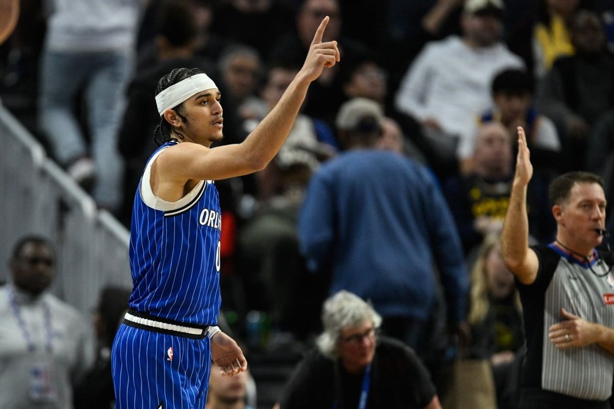 Dec 22, 2025; San Francisco, California, USA; Orlando Magic guard Anthony Black (0) celebrates a 3- point basket against the Golden State Warriors in the third quarter at Chase Center. Mandatory Credit: Eakin Howard-Imagn Images