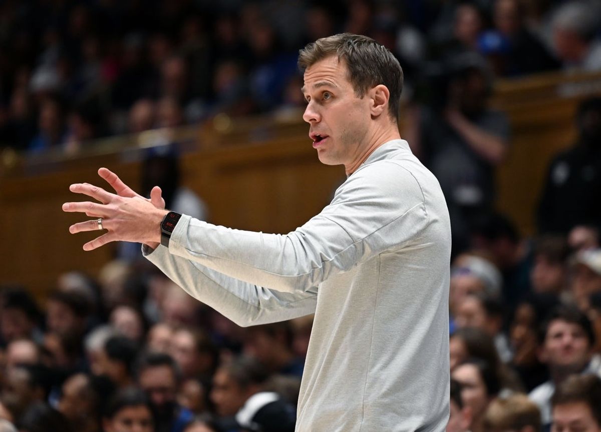 Dec 16, 2025; Durham, North Carolina, USA;  Duke Blue Devils head coach Jon Scheyer directs his team during the second half against the Lipscomb Bisons at Cameron Indoor Stadium. Mandatory Credit: Rob Kinnan-Imagn Images