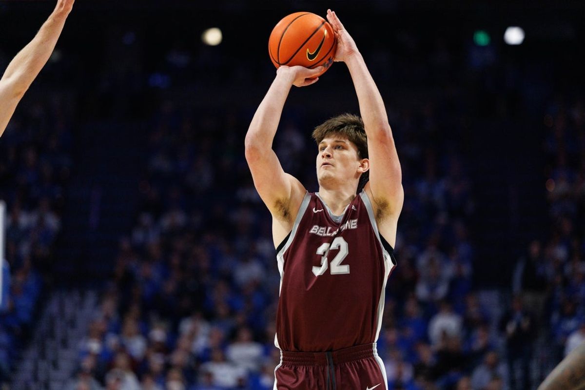 Dec 23, 2025; Lexington, Kentucky, USA; Bellarmine Knights forward Jack Karasinski (32) shoots the ball during the second half against the Kentucky Wildcats at Rupp Arena at Central Bank Center. Mandatory Credit: Jordan Prather-Imagn Images