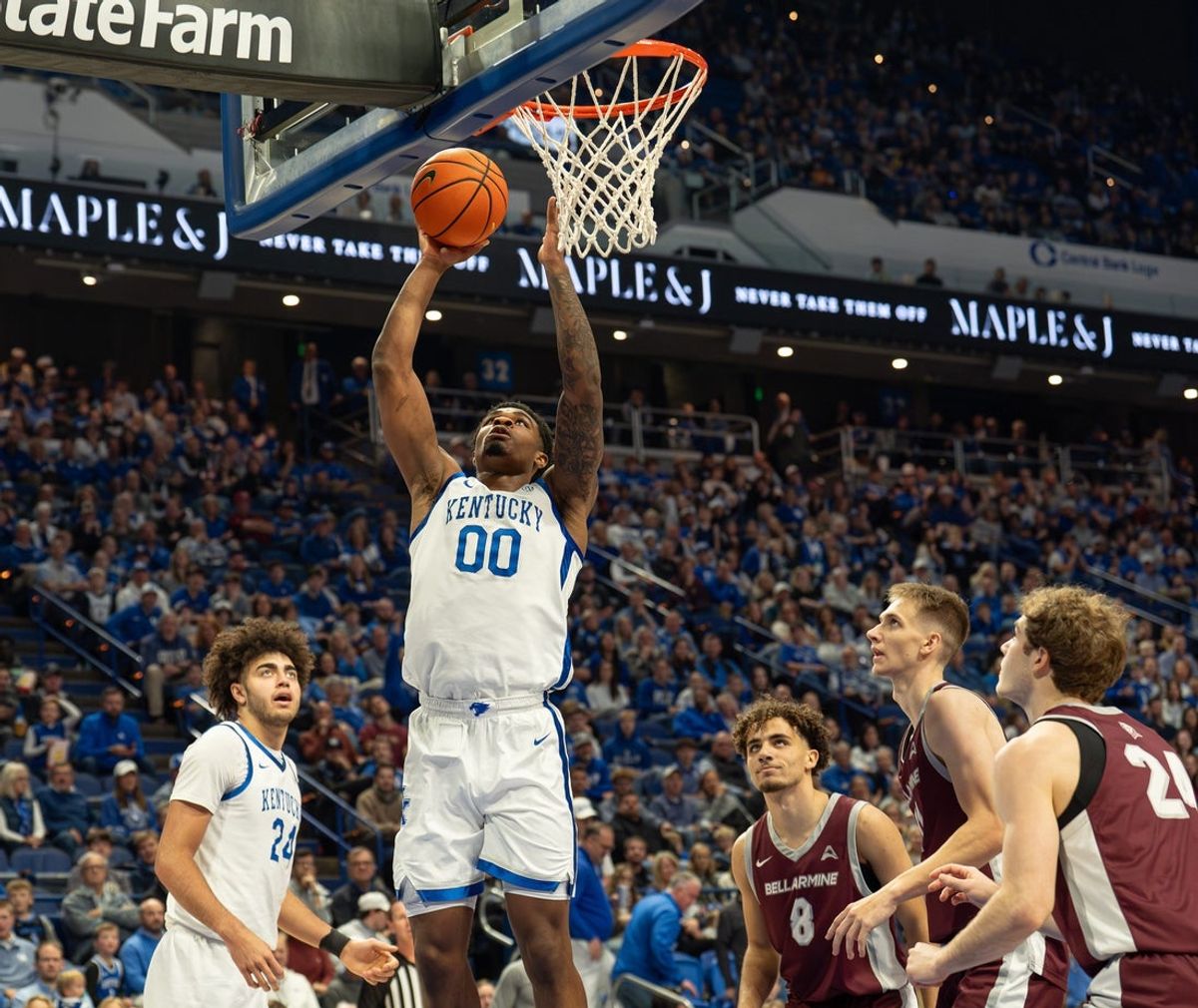 Kentucky Wildcats guard Otega Oweh (00) drops in a layup for two during first half action as the Wildcats face the Bellarmine Knights at Rupp Arena in Lexington, Kentucky on Dec. 23, 2025.