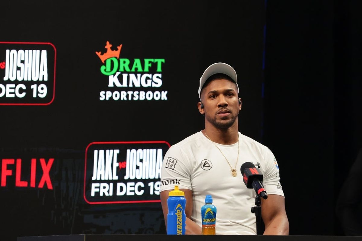 Nov 21, 2025; Miami, Florida, UNITED STATES; Anthony Joshua looks on during a press conference announcing his heavyweight boxing match against Jake Paul at Kaseya Center. Mandatory Credit: Sam Navarro-Imagn Images