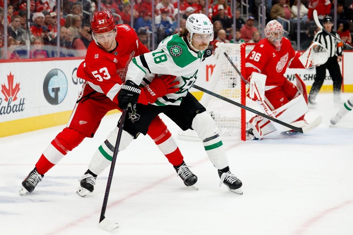 Dec 23, 2025; Detroit, Michigan, USA;  Dallas Stars center Sam Steel (18) skates with the puck defended by Detroit Red Wings defenseman Moritz Seider (53) in the first period at Little Caesars Arena. Mandatory Credit: Rick Osentoski-Imagn Images