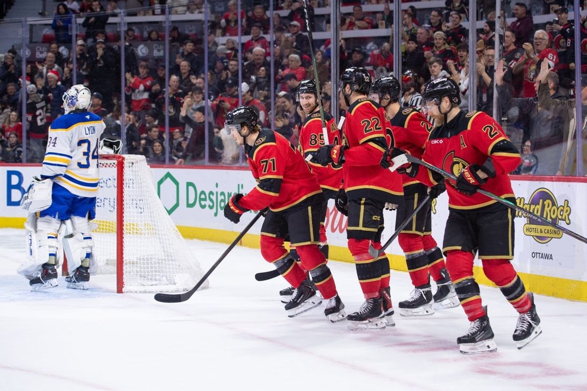 Dec 23, 2025; Ottawa, Ontario, CAN;  Ottawa Senators center Ridly Greig (71) skates to the bench after scoring against Buffalo Sabres Alex Lyon (34) in the first period at the Canadian Tire Centre. Mandatory Credit: Marc DesRosiers-IMAGN Images
