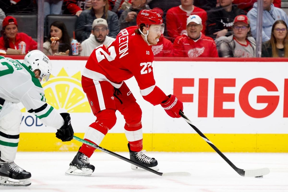 Dec 23, 2025; Detroit, Michigan, USA;  Detroit Red Wings center Mason Appleton (22) skates with the puck in the second period against the Detroit Red Wings at Little Caesars Arena. Mandatory Credit: Rick Osentoski-Imagn Images