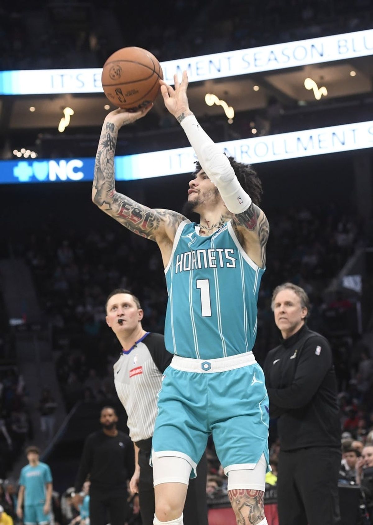Dec 23, 2025; Charlotte, North Carolina, USA;  Charlotte Hornets guard LaMelo Ball (1) shoots during the second half against the Washington Wizards at the Spectrum Center. Mandatory Credit: Sam Sharpe-Imagn Images