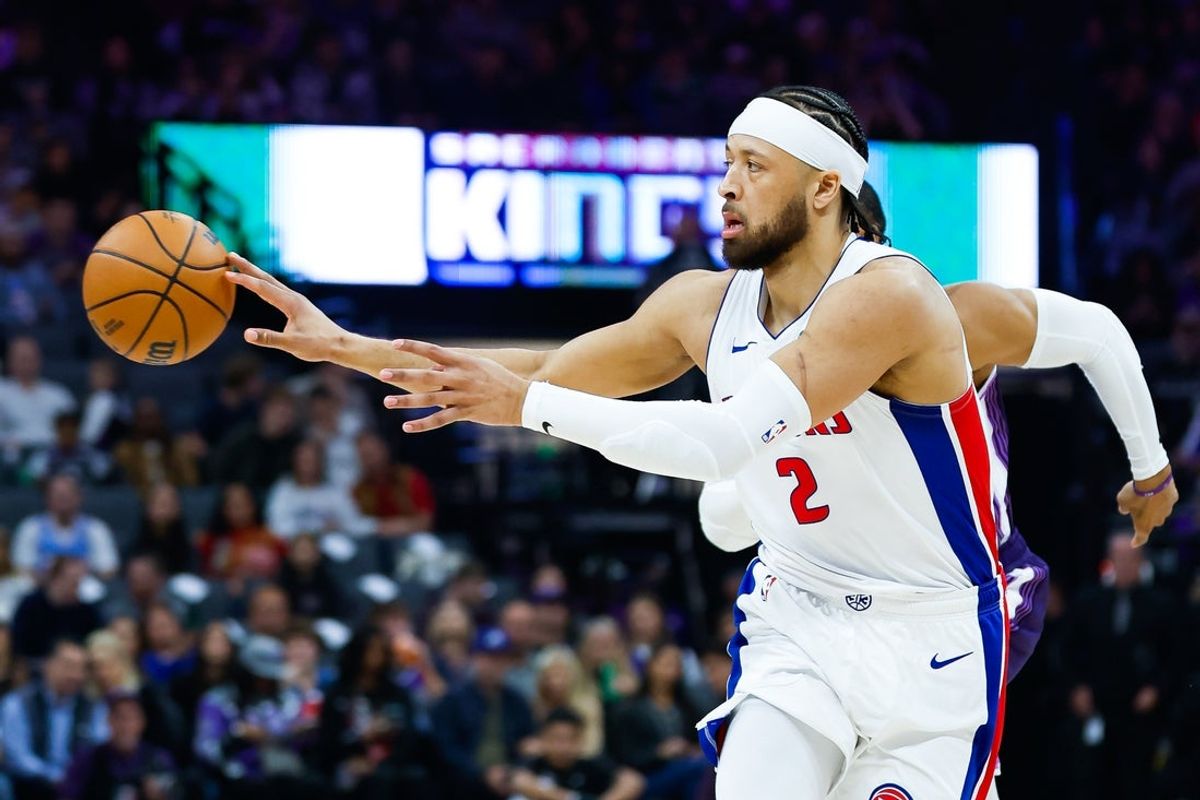 Dec 23, 2025; Sacramento, California, USA; Detroit Pistons guard Cade Cunningham (2) passes the ball during the first quarter against the Sacramento Kings at Golden 1 Center. Mandatory Credit: Sergio Estrada-Imagn Images