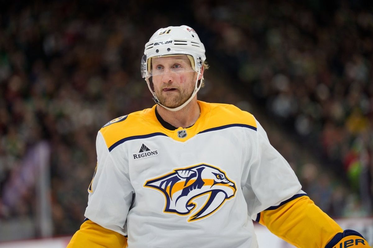 Dec 23, 2025; Saint Paul, Minnesota, USA; Nashville Predators center Steven Stamkos (91) skates to the bench after a stoppage in play against the Minnesota Wild in the first period at Grand Casino Arena. Mandatory Credit: Matt Blewett-Imagn Images