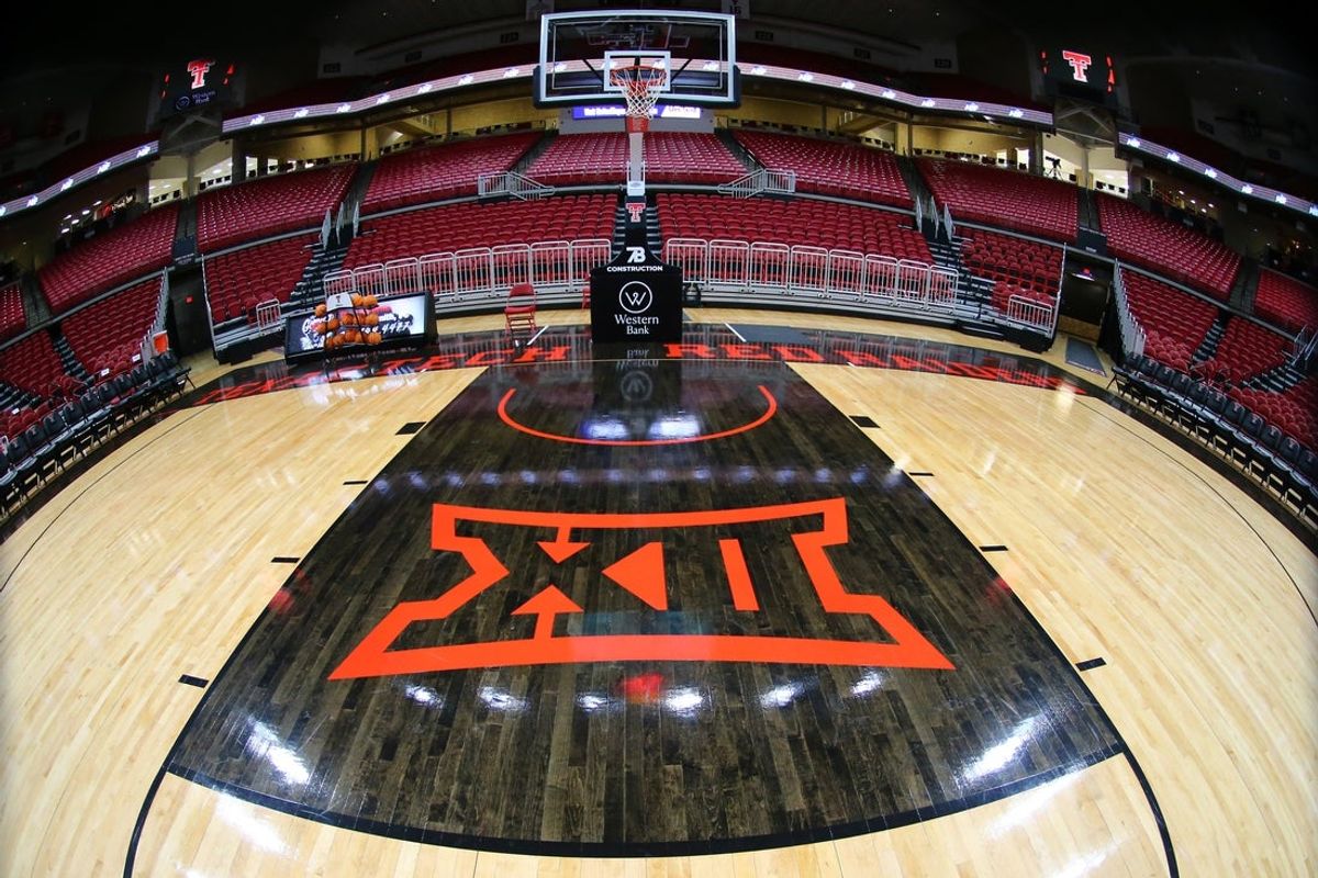 Dec 16, 2025; Lubbock, Texas, USA;  A general view of the Big 12 logo on the floor of the United Supermarkets Arena before the game against the Northern Colorado Bears and the Texas Tech Red Raiders.  Mandatory Credit: Michael C. Johnson-Imagn Images