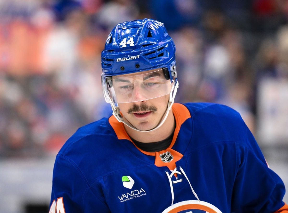 Dec 19, 2025; Elmont, New York, USA; New York Islanders center Jean-Gabriel Pageau (44) warms up before a game against the Vancouver Canucks at UBS Arena. Mandatory Credit: John Jones-Imagn Images