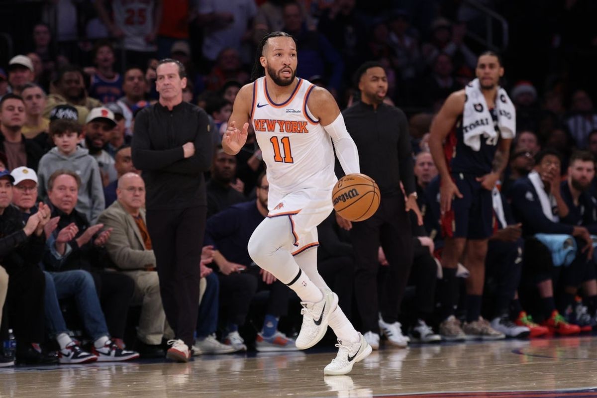 Dec 25, 2025; New York, New York, USA; New York Knicks guard Jalen Brunson (11) dribbles up court during the second half against the Cleveland Cavaliers at Madison Square Garden. Mandatory Credit: Vincent Carchietta-Imagn Images