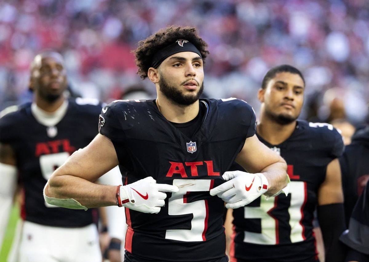 Dec 21, 2025; Glendale, Arizona, USA; Atlanta Falcons wide receiver Drake London (5) against the Arizona Cardinals at State Farm Stadium. Mandatory Credit: Mark J. Rebilas-Imagn Images