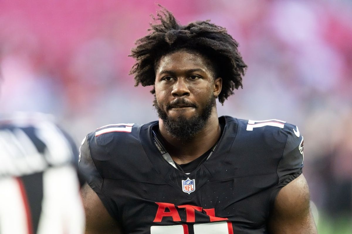 Dec 21, 2025; Glendale, Arizona, USA; Atlanta Falcons linebacker Jalon Walker (11) against the Arizona Cardinals at State Farm Stadium. Mandatory Credit: Mark J. Rebilas-Imagn Images
