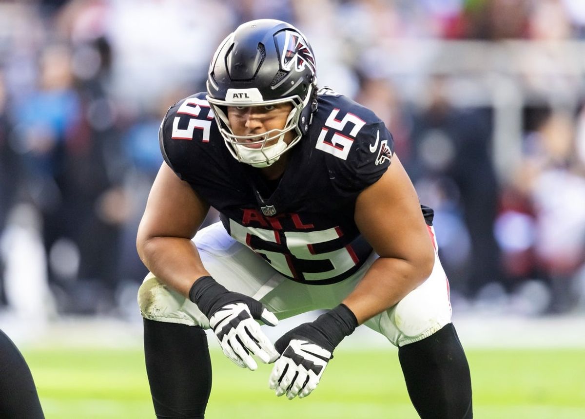 Dec 21, 2025; Glendale, Arizona, USA; Atlanta Falcons offensive lineman Matthew Bergeron (65) against the Arizona Cardinals at State Farm Stadium. Mandatory Credit: Mark J. Rebilas-Imagn Images