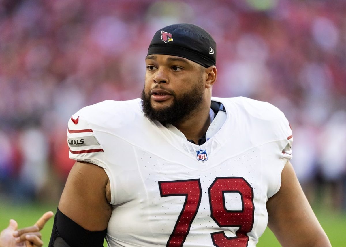 Dec 21, 2025; Glendale, Arizona, USA;  Arizona Cardinals defensive lineman PJ Mustipher (79) against the Atlanta Falcons at State Farm Stadium. Mandatory Credit: Mark J. Rebilas-Imagn Images