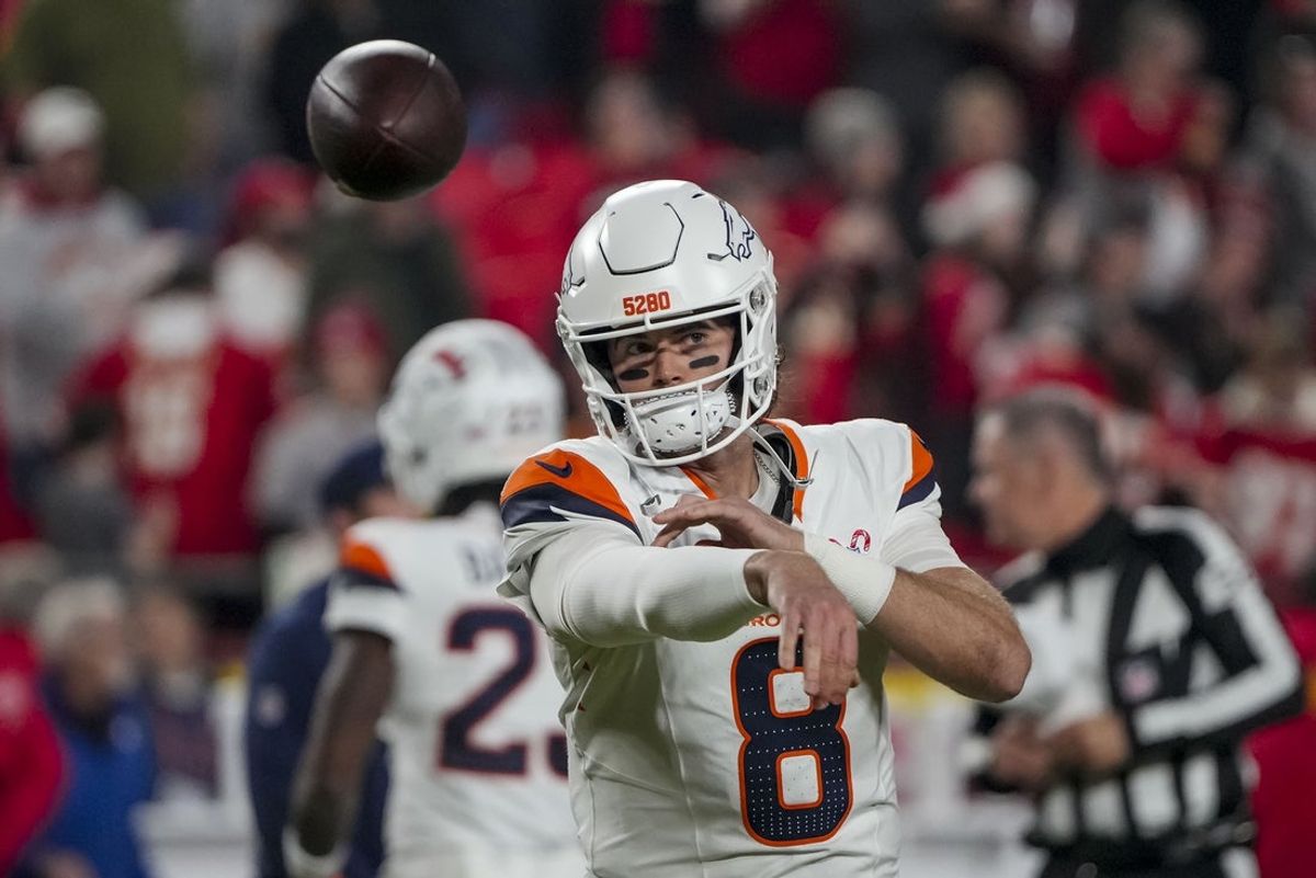 Dec 25, 2025; Kansas City, Missouri, USA; Denver Broncos quarterback Jarrett Stidham (8) warms up before the game at GEHA Field at Arrowhead Stadium. Mandatory Credit: Denny Medley-Imagn Images