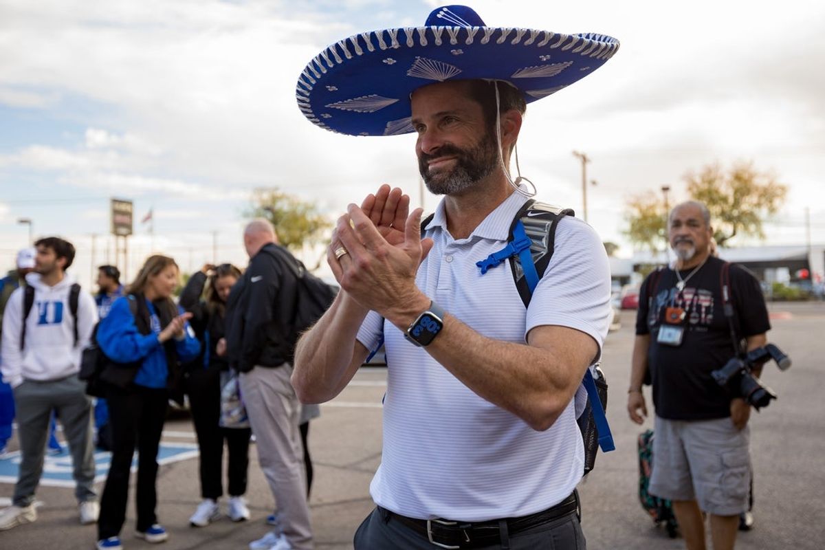 Manny Diaz, head football coach of Duke football, wears a sombrero upon arrival at the Marriott El Paso on Friday, Dec. 26, 2025, ahead of the Tony the Tiger Sun Bowl.