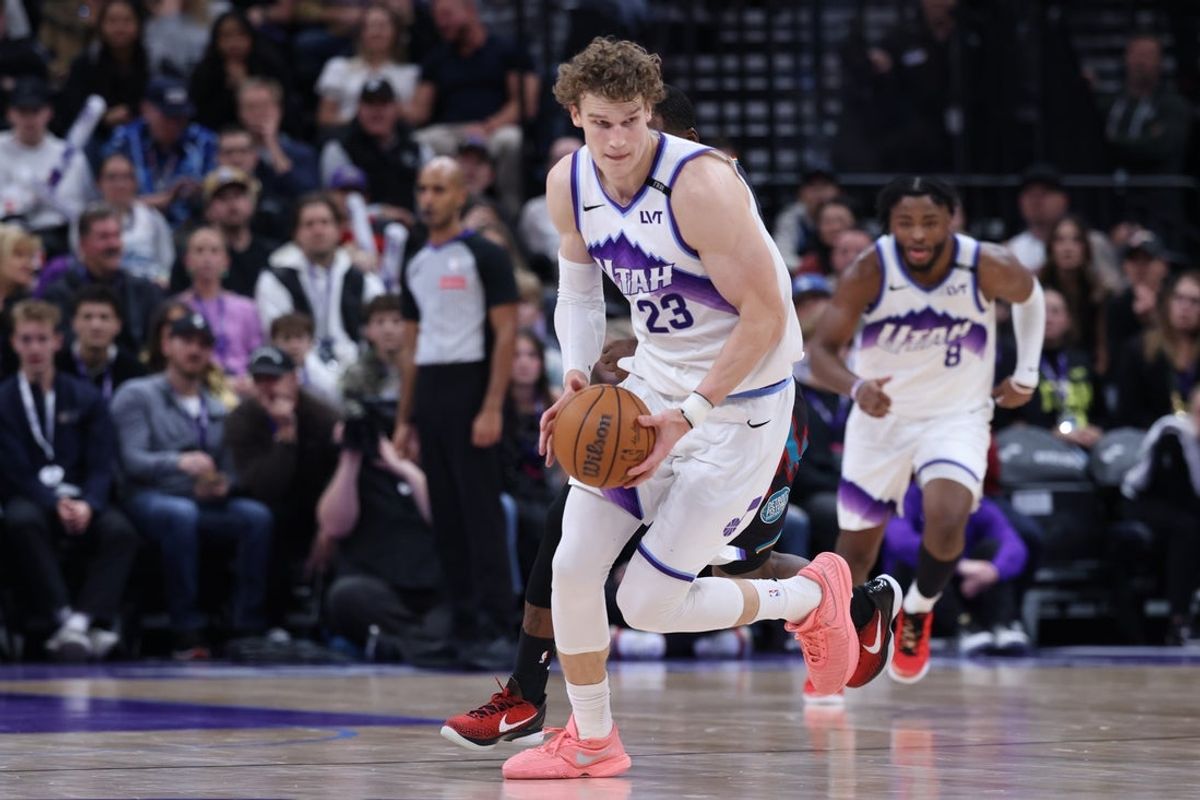Dec 26, 2025; Salt Lake City, Utah, USA; Utah Jazz forward Lauri Markkanen (23) advances the ball after a steal against the Detroit Pistons during the second half at Delta Center. Mandatory Credit: Rob Gray-Imagn Images