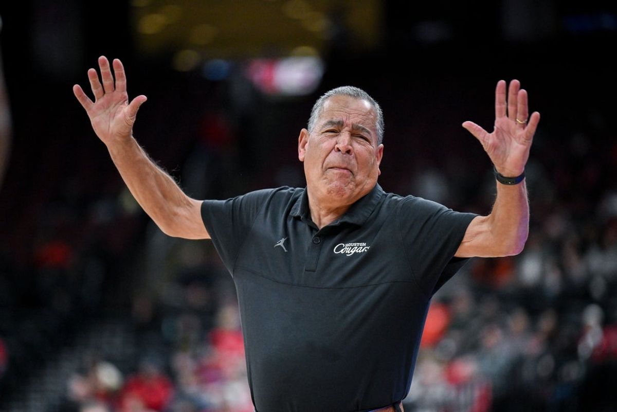 Dec 20, 2025; Newark, New Jersey, USA; Houston Cougars head coach Kelvin Sampson reacts during the first half against the Arkansas Razorbacks at Prudential Center. Mandatory Credit: John Jones-Imagn Images