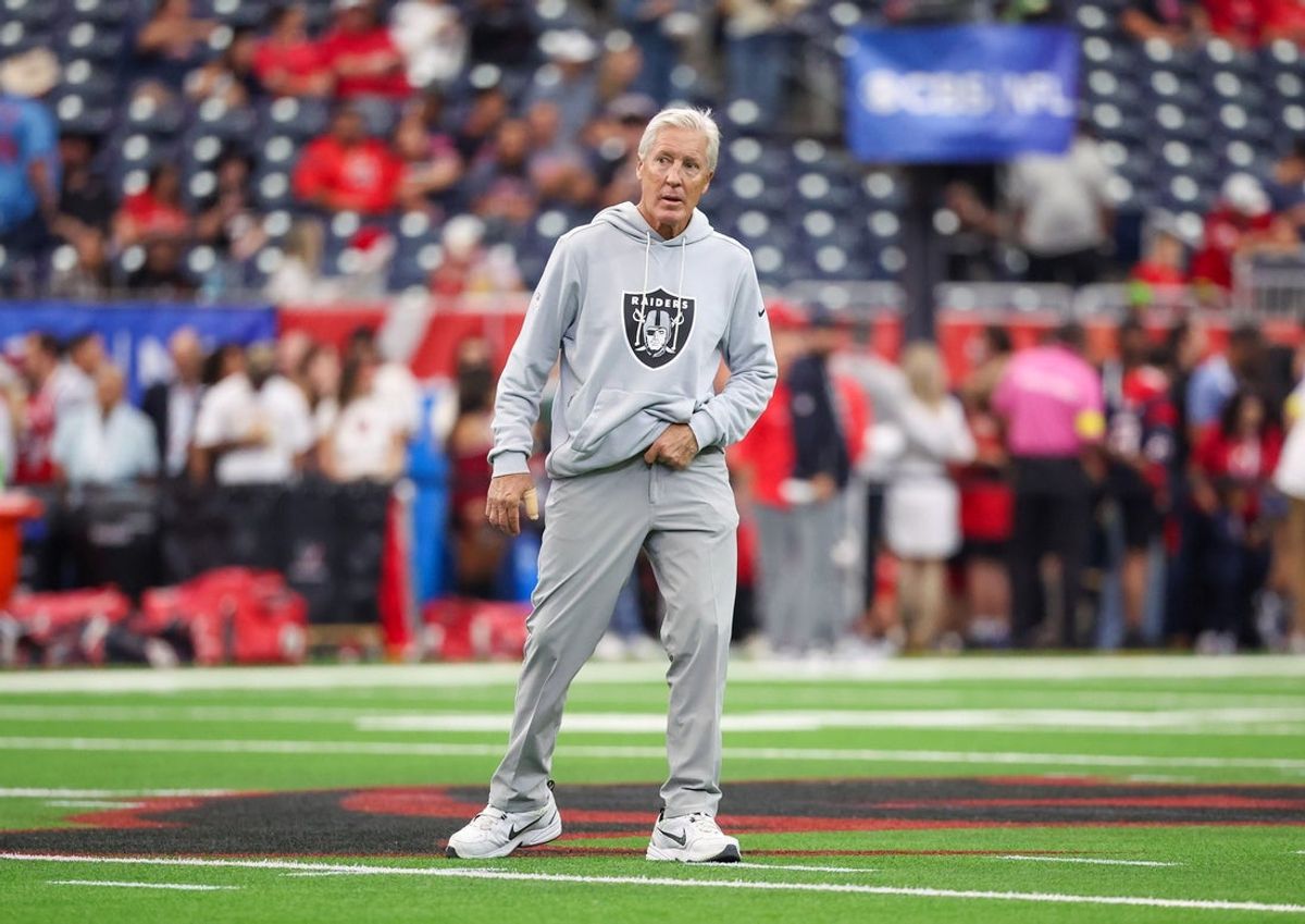 Dec 21, 2025; Houston, Texas, USA; Las Vegas Raiders head coach Pete Carroll before playing against the Houston Texans at NRG Stadium. Mandatory Credit: Thomas Shea-Imagn Images