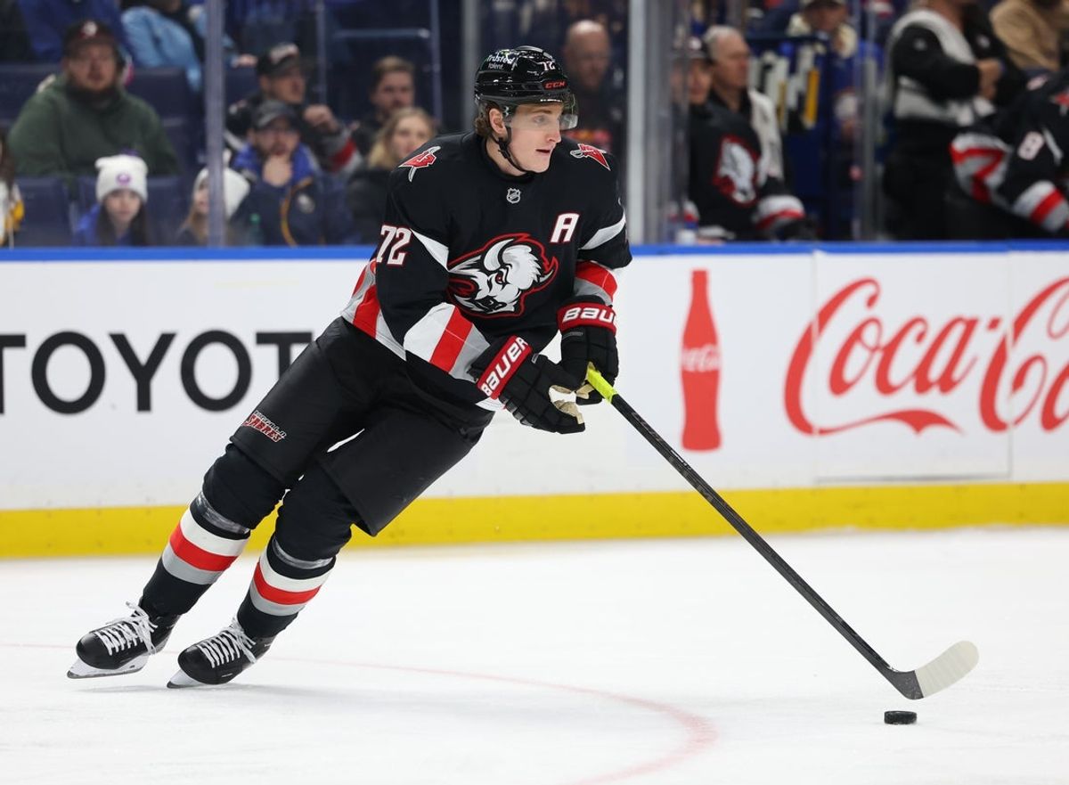 Dec 27, 2025; Buffalo, New York, USA;  Buffalo Sabres center Tage Thompson (72) skates with the puck during the first period against the Boston Bruins at KeyBank Center. Mandatory Credit: Timothy T. Ludwig-Imagn Images