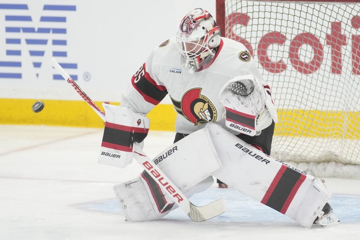 Dec 27, 2025; Toronto, Ontario, CAN; Ottawa Senators goaltender Linus Ullmark (35) goes to make a save during warm up before a game against the Toronto Maple Leafs at Scotiabank Arena. Mandatory Credit: John E. Sokolowski-Imagn Images