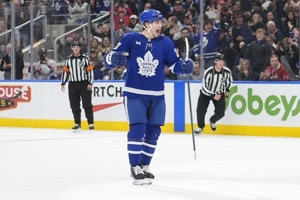 Dec 27, 2025; Toronto, Ontario, CAN; Toronto Maple Leafs forward Matthew Knies (23) reacts after scoring against the Ottawa Senators during the first period at Scotiabank Arena. Mandatory Credit: John E. Sokolowski-Imagn Images