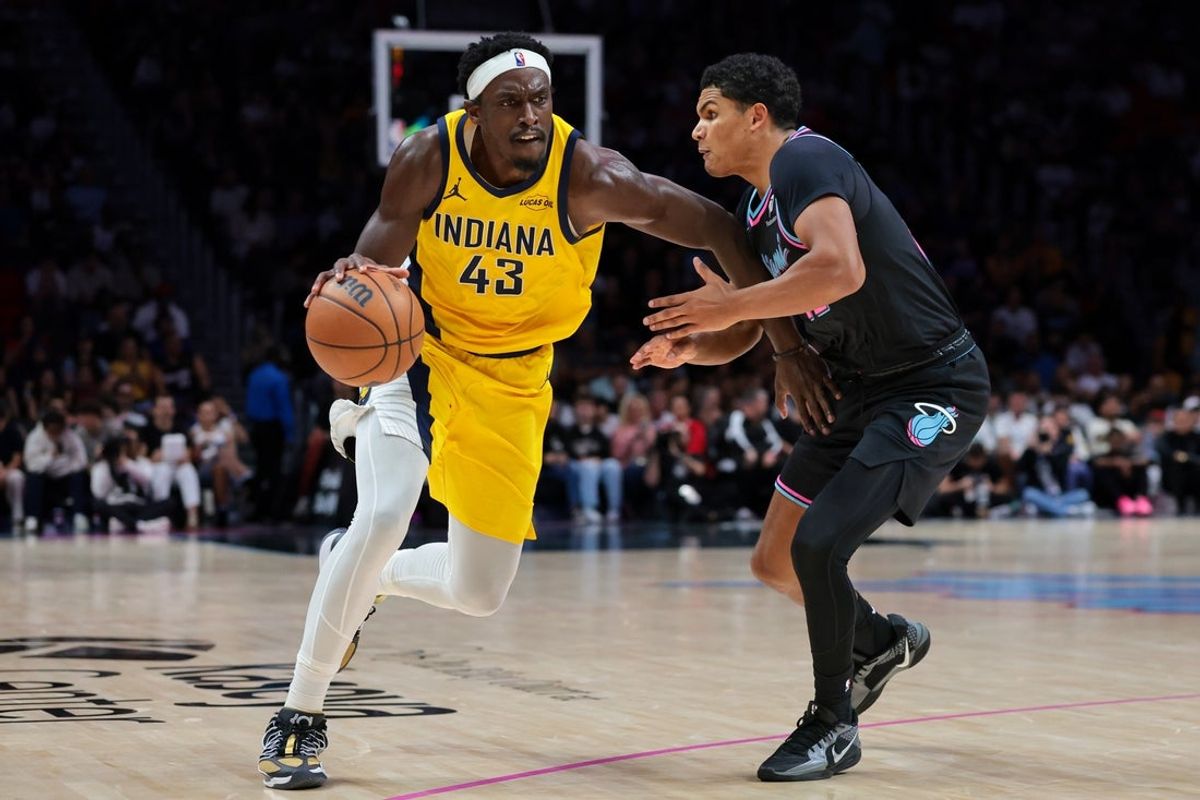 Dec 27, 2025; Miami, Florida, USA; Indiana Pacers forward Pascal Siakam (43) drives to the basket against Miami Heat guard Dru Smith (12) during the first half at Kaseya Center. Mandatory Credit: Sam Navarro-Imagn Images