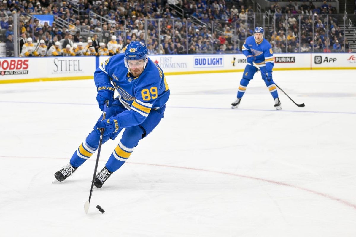 Dec 27, 2025; St. Louis, Missouri, USA; St. Louis Blues left wing Pavel Buchnevich (89) controls the puck against the Nashville Predators during the second period at Enterprise Center. Mandatory Credit: Jeff Curry-Imagn Images