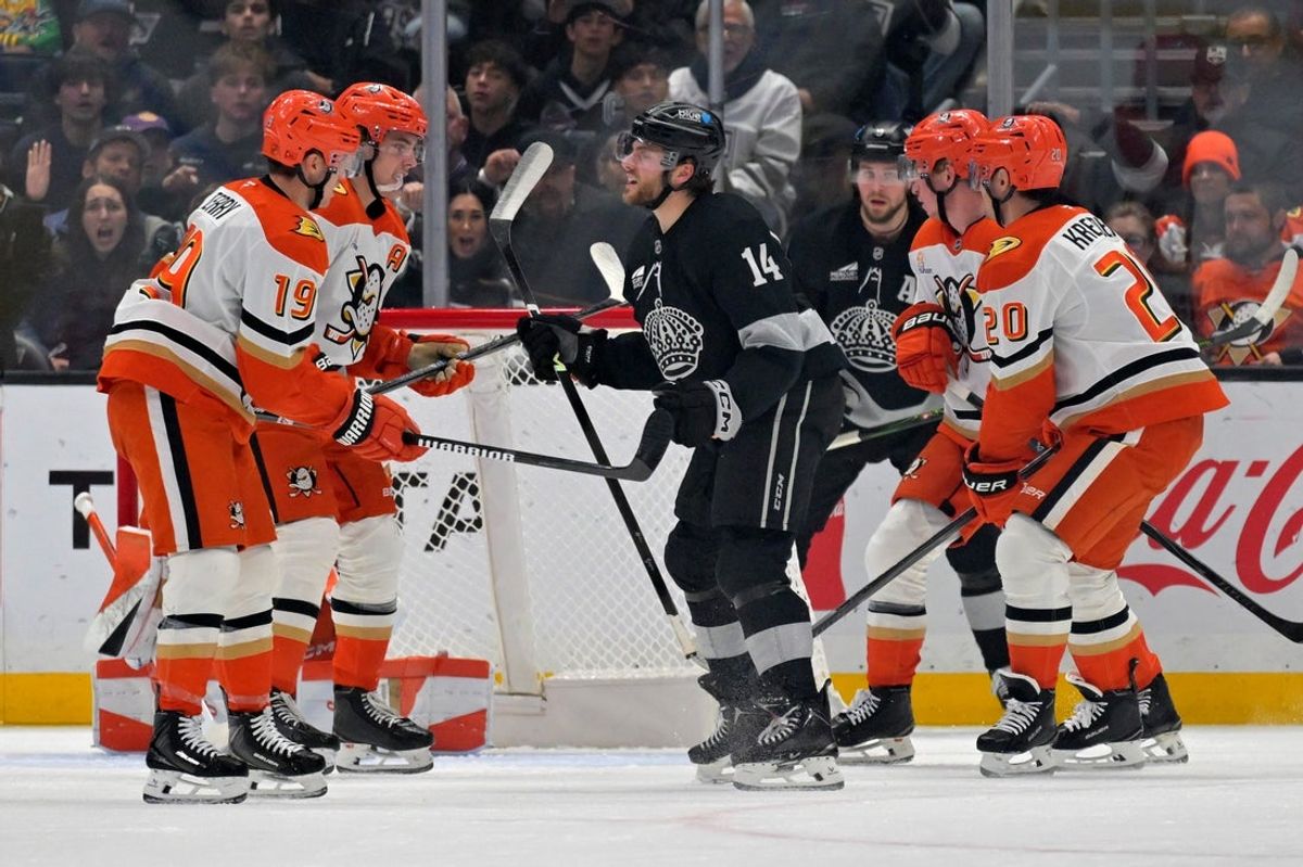 Dec 27, 2025; Los Angeles, California, USA; Los Angeles Kings right wing Alex Laferriere (14) celebrates after scoring a goal in the first period against the Anaheim Ducks at Crypto.com Arena. Mandatory Credit: Jayne Kamin-Oncea-Imagn Images