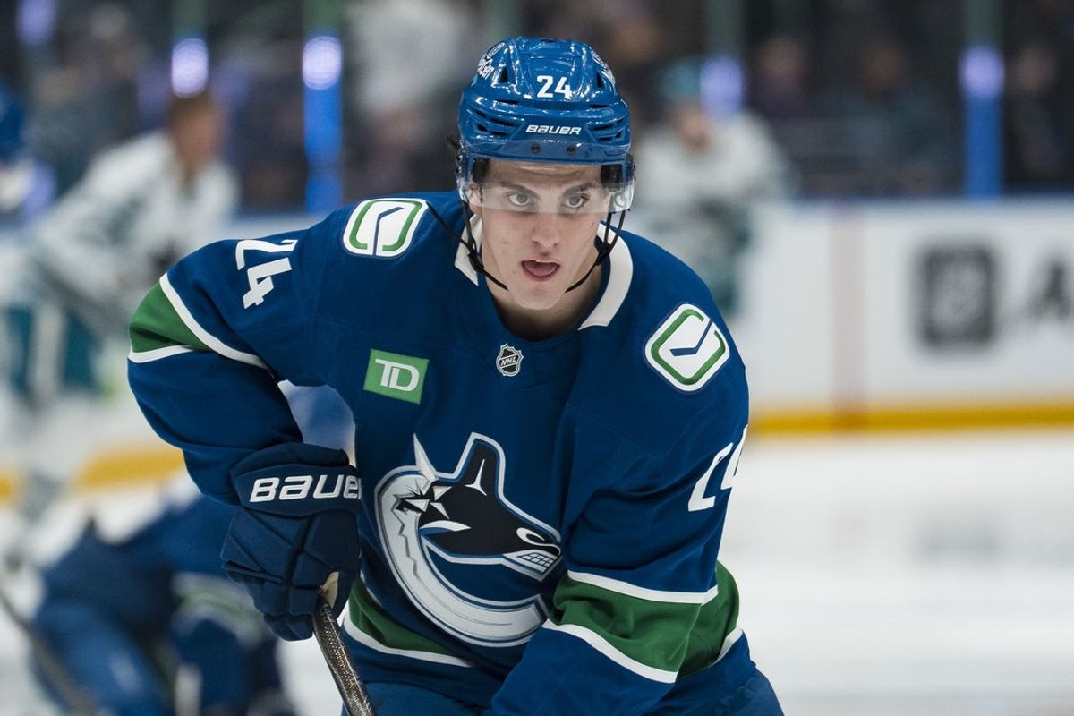Dec 27, 2025; Vancouver, British Columbia, CAN; Vancouver Canucks defenseman Zeev Buium (24) handles the puck in warm up prior to a game against the San Jose Sharks at Rogers Arena. Mandatory Credit: Bob Frid-Imagn Images