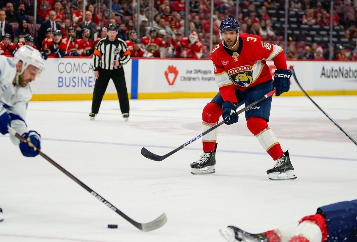 Dec 27, 2025; Sunrise, Florida, USA; Florida Panthers defenseman Seth Jones (3) shoots the puck against the Tampa Bay Lightning during the third period at Amerant Bank Arena. Mandatory Credit: Jeff Romance-Imagn Images