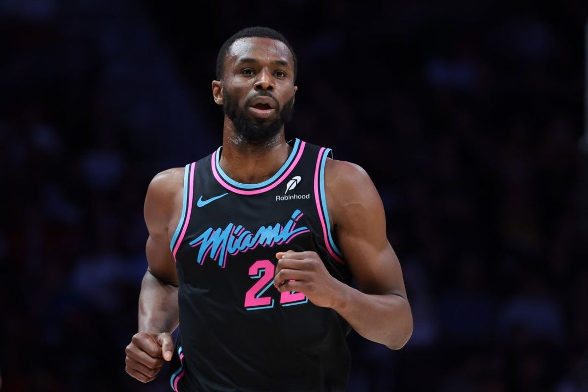 Dec 27, 2025; Miami, Florida, USA; Miami Heat forward Andrew Wiggins (22) looks on against the Indiana Pacers during the second half at Kaseya Center. Mandatory Credit: Sam Navarro-Imagn Images
