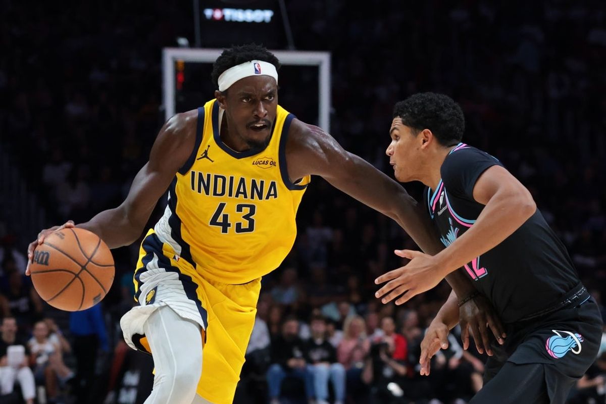 Dec 27, 2025; Miami, Florida, USA; Indiana Pacers forward Pascal Siakam (43) drives to the basket against Miami Heat guard Dru Smith (12) during the first half at Kaseya Center. Mandatory Credit: Sam Navarro-Imagn Images