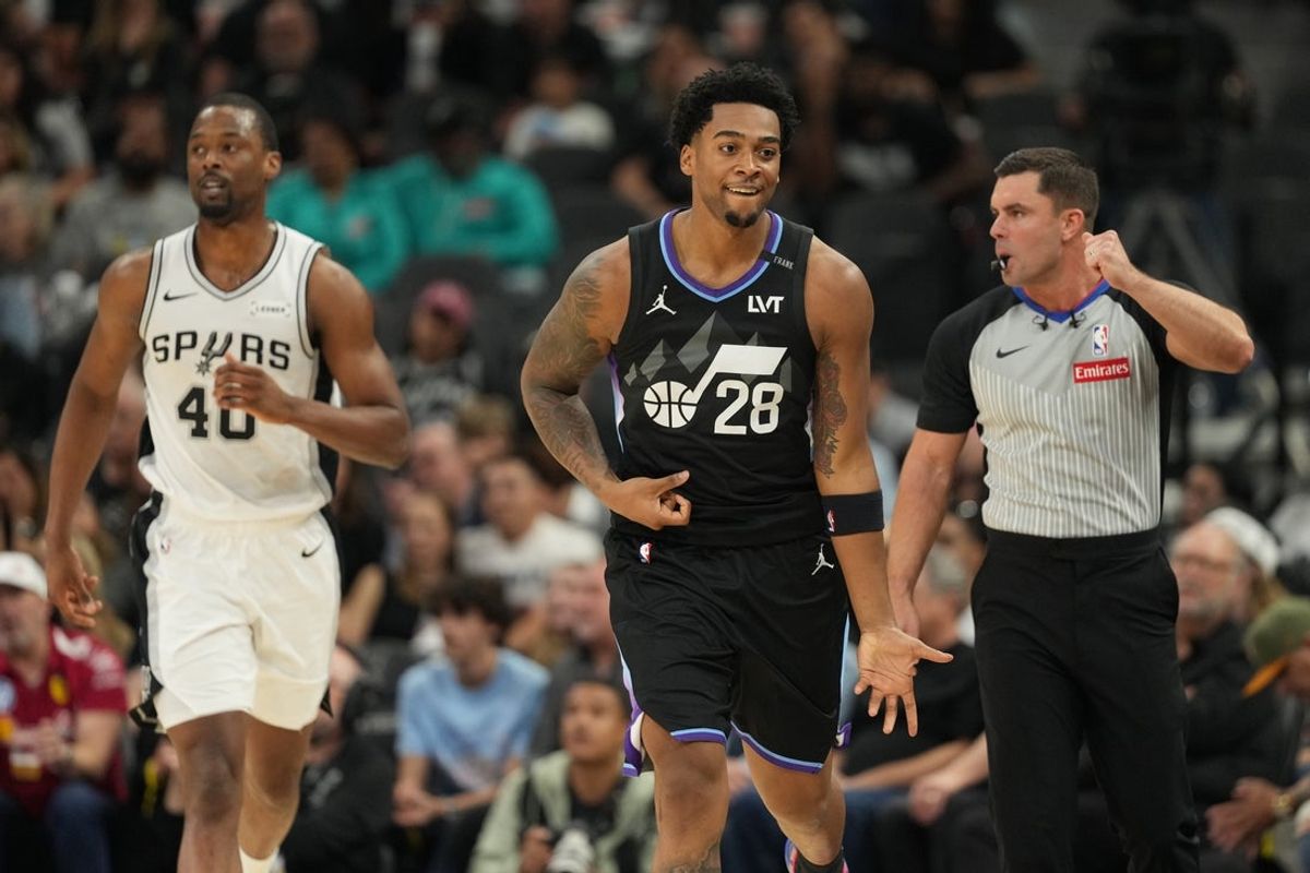 Dec 27, 2025; San Antonio, Texas, USA; Utah Jazz forward Brice Sensabaugh (28) reacts after scoring a three point basket during the second half against the San Antonio Spurs at Frost Bank Center. Mandatory Credit: Scott Wachter-Imagn Images