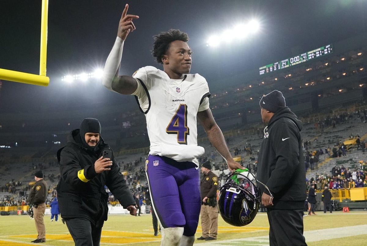 Dec 27, 2025; Green Bay, Wisconsin, USA; Baltimore Ravens wide receiver Zay Flowers (4) celebrates after the game against the Green Bay Packers at Lambeau Field. Mandatory Credit: Jeff Hanisch-Imagn Images