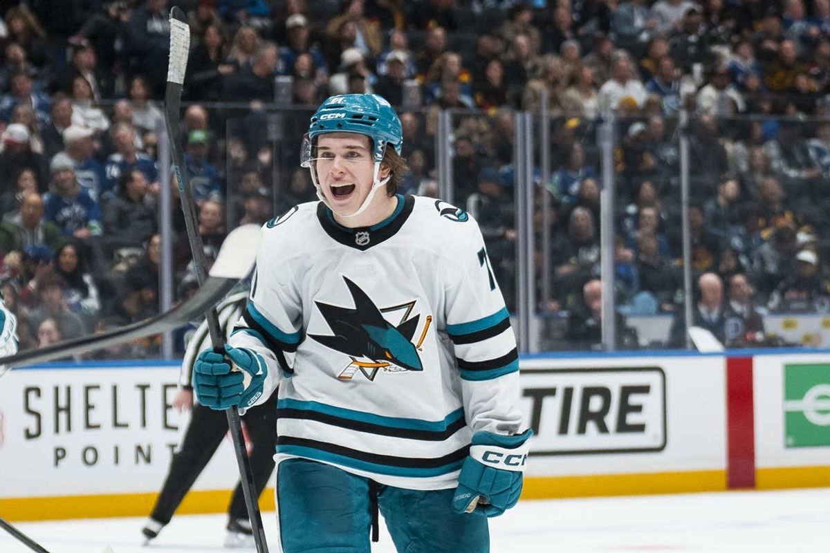Dec 27, 2025; Vancouver, British Columbia, CAN; San Jose Sharks forward Macklin Celebrini (71) celebrates his goal against the Vancouver Canucks in the third period at Rogers Arena. Mandatory Credit: Bob Frid-Imagn Images
