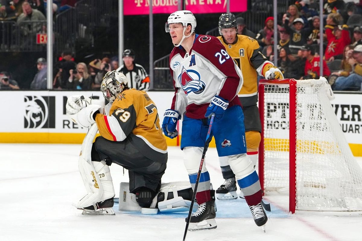Dec 27, 2025; Las Vegas, Nevada, USA; Colorado Avalanche center Nathan MacKinnon (29) celebrates after scoring a goal against the Vegas Golden Knights during the third period at T-Mobile Arena. Mandatory Credit: Stephen R. Sylvanie-Imagn Images