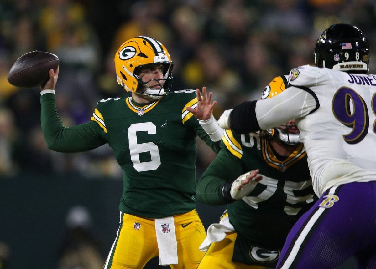 Green Bay Packers Clayton Tune (6) throws a fourth quarter interception against the Baltimore Ravens on Saturday, December 27, 2025, at Lambeau Field in Green Bay, Wis. The Ravens defeated the Packers 41-24.
Wm. Glasheen USA TODAY NETWORK-Wisconsin